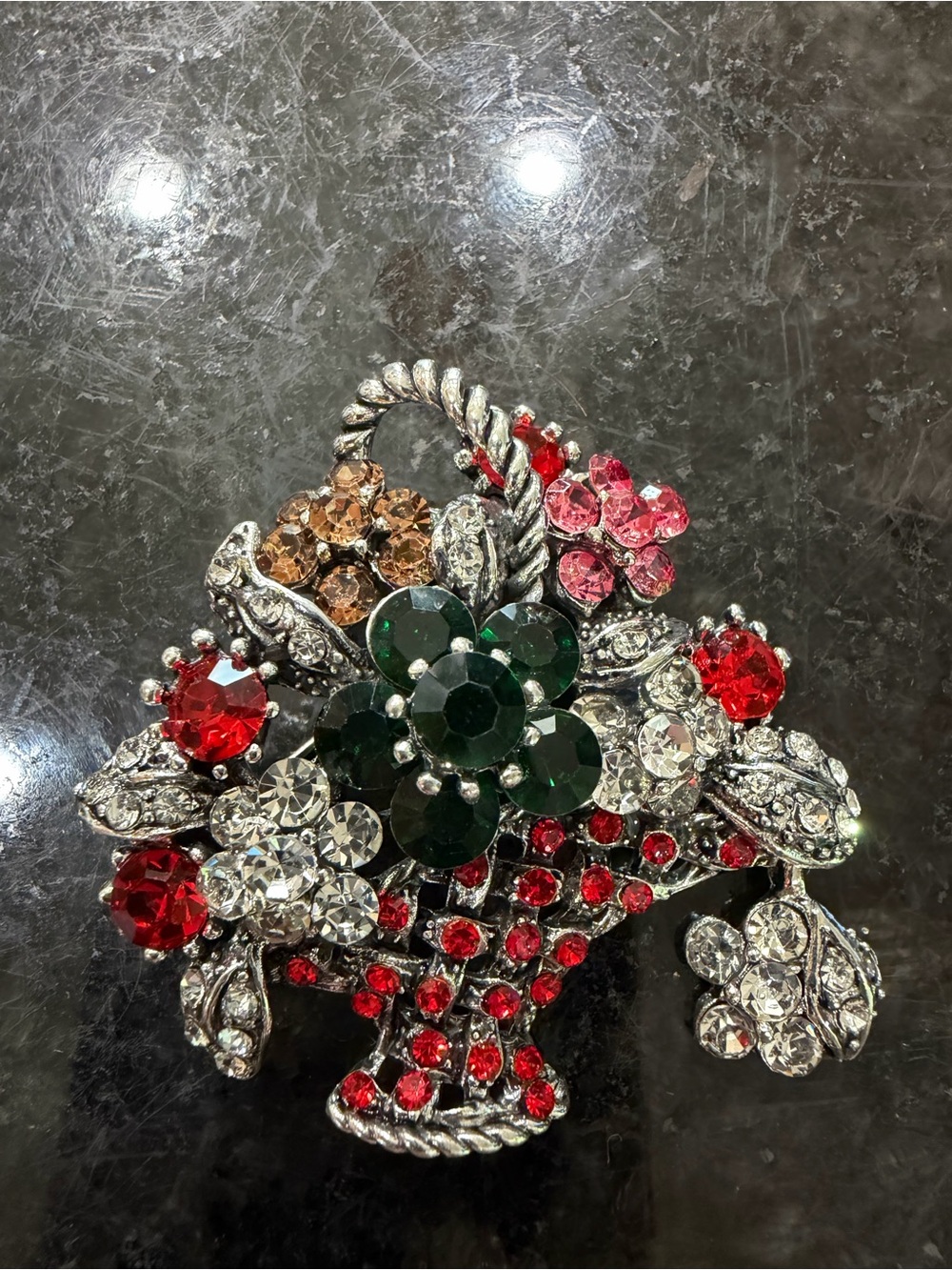 Vintage-Inspired Red, Green & Clear Crystal Flower Basket Brooch